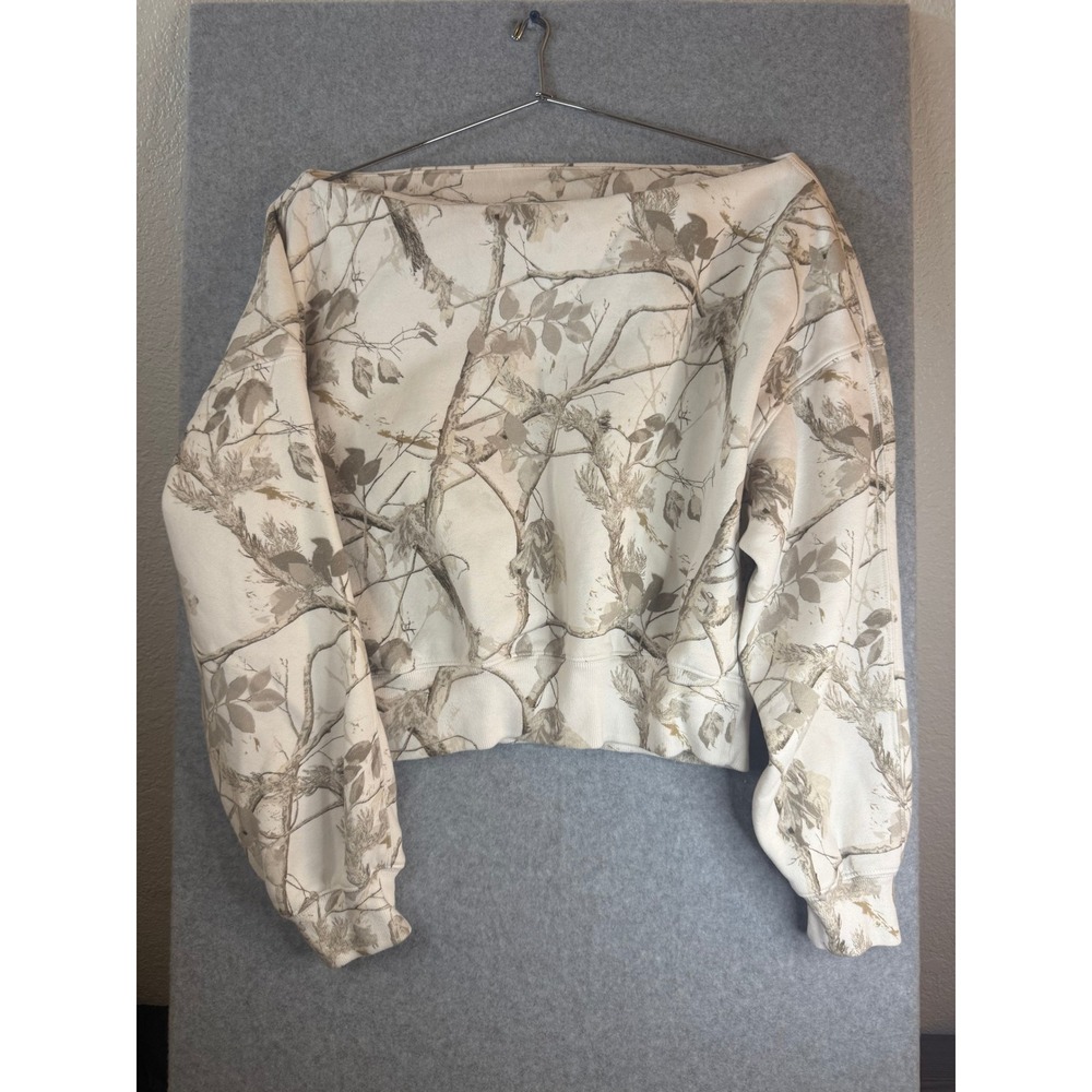 Abercrombie & Fitch Camo Boat Neck Cropped Sweatshirt Cream Tan Small